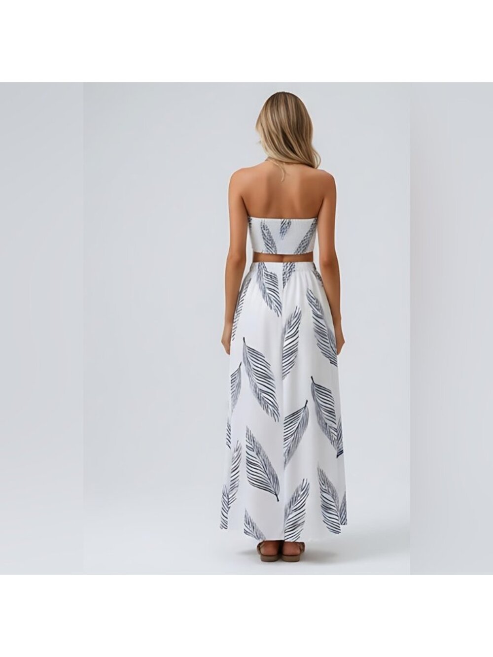 Boho White Tropical Print Tube Top & Split Thigh Skirt* - Picture 2 of 10
